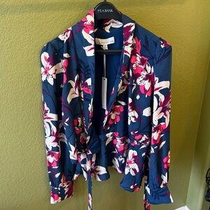 Adelyn Rae Womens Blouse Blue Floral Medium Polyester Faux Wrap Ruffles V Neck